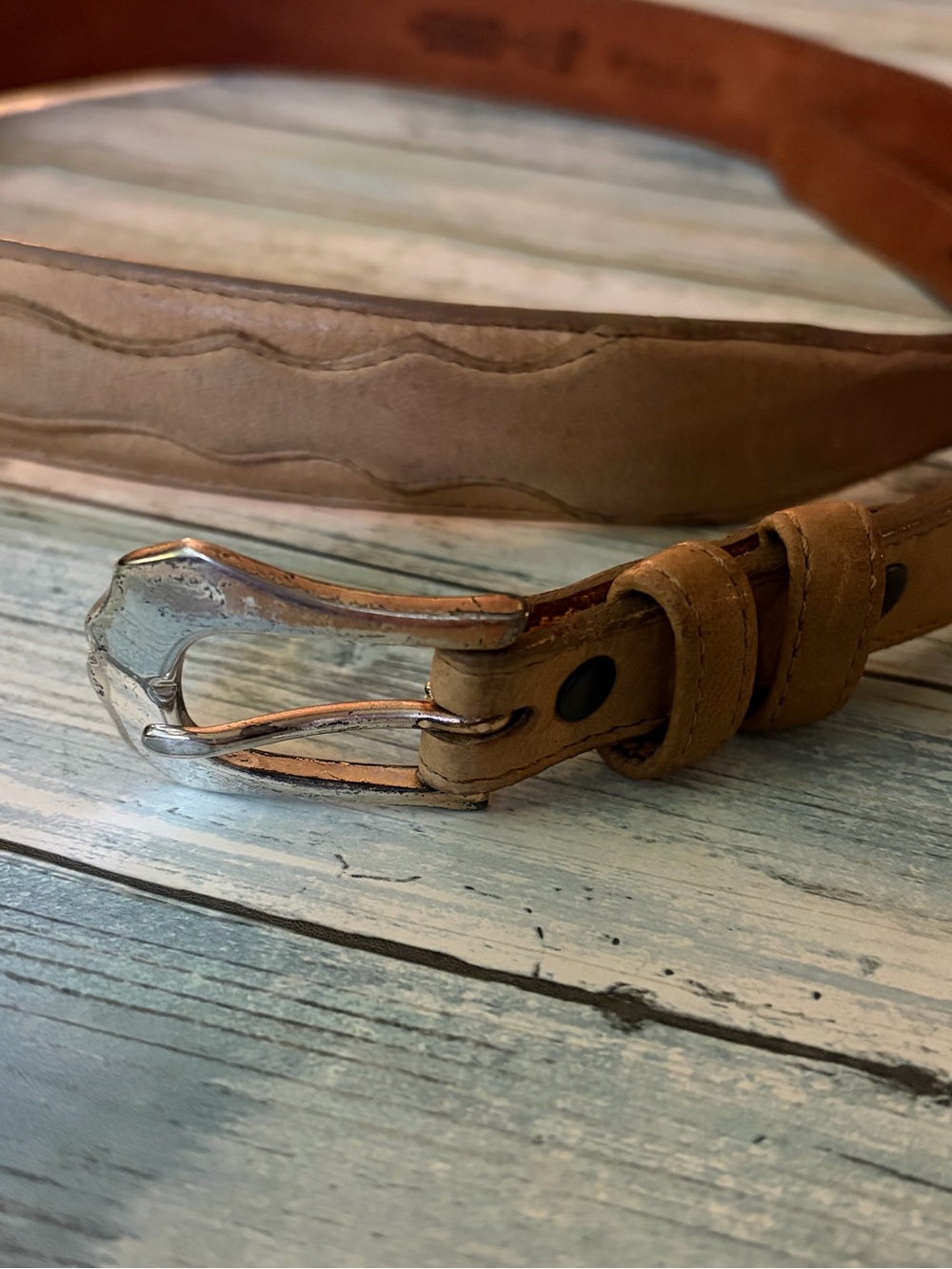 Justin Boots Belt Tan Leather Belt with Brass Buckle Size 38